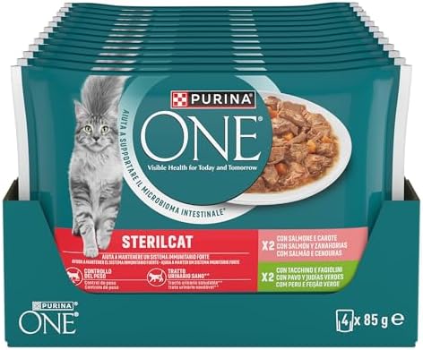 PURINA ONE Sterilcat Cibo Umido per Gatto Adulto Sterilizzato Bocconcini con Salmone e Carote, Tacchino e Fagiolini in 48 Bustine da 85 g