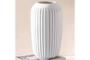 JUZAI White Ceramic Vase, Large in French Country Style for Home Decor - Ribbed for Wedding, Dinner Table, Office, Bedroom - 10 Inch / 25 CM