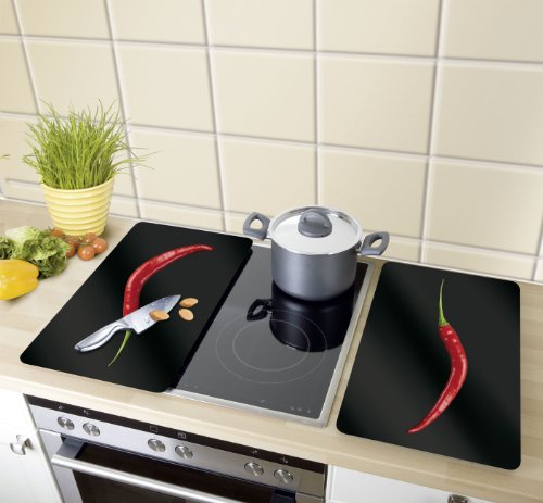 WENKO 2521380100 Herdabdeckplatte Universal Hot Peperoni – 2er Set, für alle Herdarten, Gehärtetes Glas, 30 x 1.8-4.5 x 52 cm, Mehrfarbig - 2