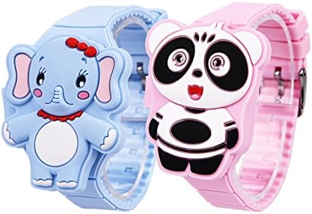 Erjing Silicone Cartoon Children's Watch Digital Kids Wrist Watch Waterproof Time Teacher Toy Watches for Boys Girls (Blue elephant+Pink panda)