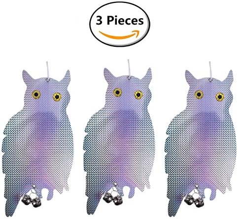 ErKan Bird Repellent Birds Scare Deterrent Devices 15.5-inch Reflective Hanging Owl with Bells Pest Control (3 Pack)