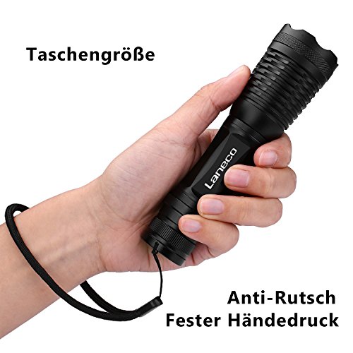 Laneco E6 Wiederaufladbare LED Taschenlampe, Super Hell Taktische Taschenlampe mit 18650 Li-Ionen-Akku und Ladegerät, Tragbare Wasserdichte Taschenlampe mit Einstellbarem Fokus und 5 Lichtmodi für Campen Wandern usw - 4