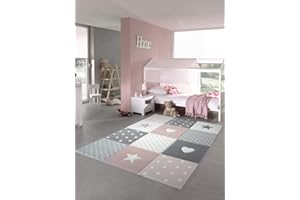 ‎CARPETIA CARPETIA Kinderteppich Spielteppich Babyteppich Mädchen mit Herz Stern rosa Creme grau Größe 80x150 cm