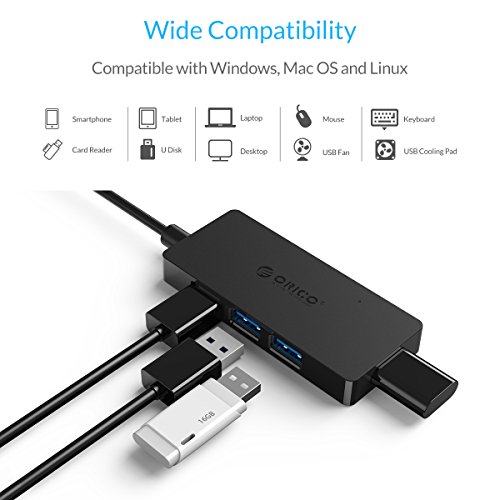 ORICO 4-Port USB 3.0 Hub, dünn und tragbar, Ultra High-Speed (bis zu 5 Gb/s), unterstützt OTG, mit einem zum Aufladen für USB Micro-B 5V reserviertem Stromanschluss - 5
