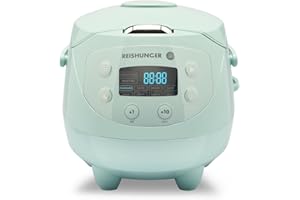 Reishunger Mini Olla Arrocera Eléctrica y Vaporera en Menta hasta 3 Personas (0.6 l) – Hervidor de Arroz con 8 Programas - Con Pantalla LED y Función Automática de Mantenimiento del Calor