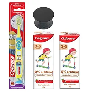 Colgate Kids (5+ years) Minions Basic Toothbrush Extra Soft with Tongue Cleaner + 3-5 Strawberry Mint Flavour Two pastes, 0% Artificial For Kid 80g + 80g paste (Free Pop Socket)