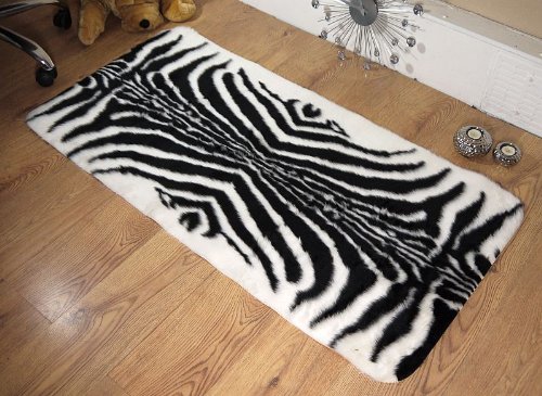 Zebra animal print faux fur sheepskin oblong rug 70 x 140 cm