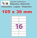  UNIVERS GRAPHIQUE 100 Hojas de 16 Etiquetas Autoadhesivas 105 x 36 mm = 1600 Etiquetas - Blanco Mate - para impresoras láser y de inyección de Tinta - Hojas Autoadhesivas A4 UGE16V09