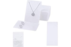 OUPADOS Lot de 100 cartes d'affichage de bijoux avec 100 pochettes de rangement autocollantes en cellophane OPP et 200 crochets d'oreilles pour emballage de bricolage, colliers, boucles d'oreilles