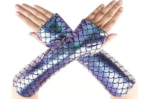 GRANVOO Fingerless Gloves Mermaid Women, Shiny Fish Scale Printed Long Gloves, Girls Half Fingerless Arm Sleeves for Stage Performance Fancy Dress Party Costume Accessories