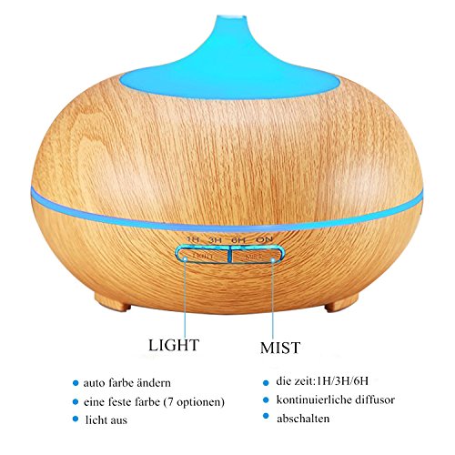 300ml Aroma Diffuser,Ultraschall Nebel Luftbefeuchter Kaltnebel Aromatherapie ätherisches Öl Düfte Diffusor Elektrische Duftlampe mit 7 LED Farbwechsel (Holzmaserung) - 2