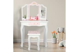 LEADZM Schminktisch Kinder mit Hocker Frisiertisch Kinderschminktisch für Mädchen Frisierkommode mit Schublade mit Zwei 180°-Klappspiegeln für 3-9 Jahren (Weiß & Rosa)