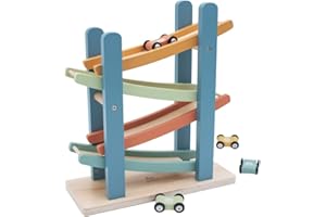 Jumini Retro Scandi Ramp Racer Click Clack Track with 4 Wooden Cars – UK Design, Non-Toxic paint, sustainably sourced wood, Educational Toy for Toddlers