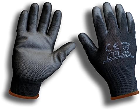 eVCom24pairs - PU Coated Black Nylon Work Gloves. Ideal for Builders, Mechanic, Construction & Gardening-only £0.83ea (Large)