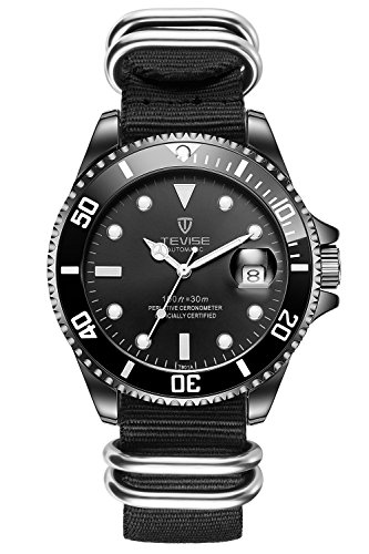 GuTe automatico orologio meccanico di avvolgimento automatico da uomo in acciaio INOX di calendario cinturino in nylon impermeabile luminosa nero