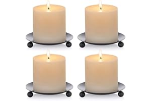 NUPTIO 4 Unids Portavelas de Pilar con Placa de Vela de Hierro, Negro, Plato Vela con Pilar Hierro Decorativo, Soporte de Vela Pedestal 11cm Diámetro para LED y Velas de Cera, Conos de Incienso, SPA, Bodas