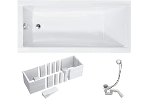 VBChome Bathtub 170 x 70 cm Acrylic Set - Rectangular White Bathtub with Bath Carrier, Polystyrene Carrier, Siphon & Chrome Drain Fitting - Modern Design