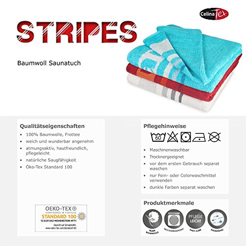 Saunatuch 80×200 saugfähige Baumwolle, flauschiges Frottee Badetuch Strandlaken, Herren u. Damen Frottiertuch 480g/m², Stripes CelinaTex 0002154 rot - 5