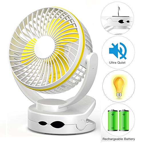 Clip On Fan, Mini Desk Fan Battery Operated, Ultra Quiet 4-Speed Portable Baby Stroller Fan with Night Light, 3600mAh USB Rechargeable Hanging Fan for Home Office Buggy Outdoor Camping
