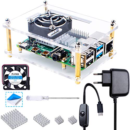 Smraza - Carcasa para Raspberry Pi 4 con 5 V 3 A USB-C alimentador, 35 mm disipador, 4 Unidades Ventilador Compatible con Raspberry Pi 4 Model B / 3B+ / 3B / 2B (no incluida).