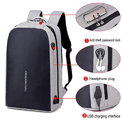 WMA-Zaino da Uomo Zaino per Ricarica USB Borsa del Portatile attività Commerciale Tempo Libero Viaggio Alta capacità Impermeabile Parola D'ordine Antifurto,Gray