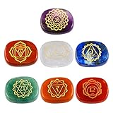 Mookaitedecor 7 Chakra Reiki Stones Set, Natural Polished Healing Crystals Quartz Palm Stones Engraved Chakra Symbol Semi Precious Stones For Reiki Meditation Crystal Therapy