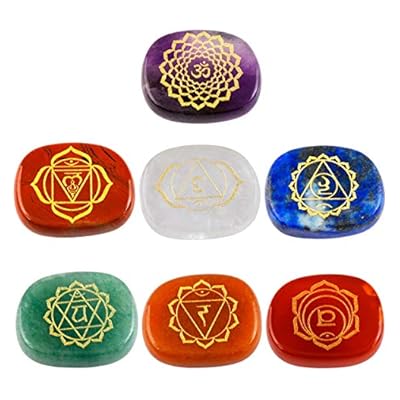 Mookaitedecor 7 Chakra Reiki Stones Set, Natural Polished Healing Crystals Quartz Palm Stones Engraved Chakra Symbol Semi Precious Stones For Reiki Meditation Crystal Therapy