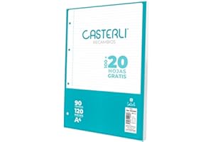 CASTERLI Recambio 100 Hojas con margen. Tamaño A4, 4 Taladros, Papel de 90 gr (LINEA, A4)