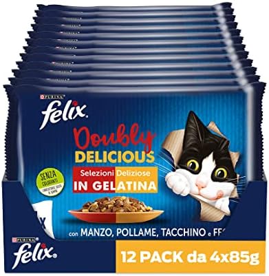Felix Purina Le Ghiottonerie Doubly Delicious Cibo Umido per Gatti con Manzo e Pollame, Tacchino e Fegato, 48 Buste da 85 g
