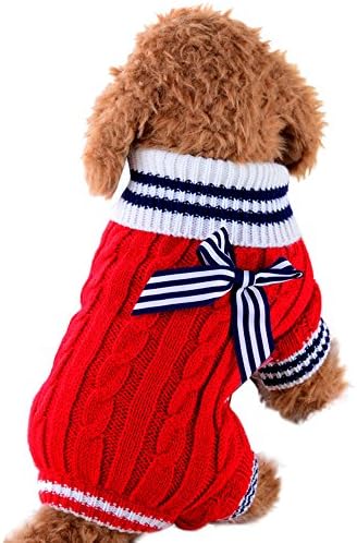 CHshe Small Teddy puppies Four Legs Bow Solid Winter Warm Acrylic Dog Coats Sweaters (M, Red)