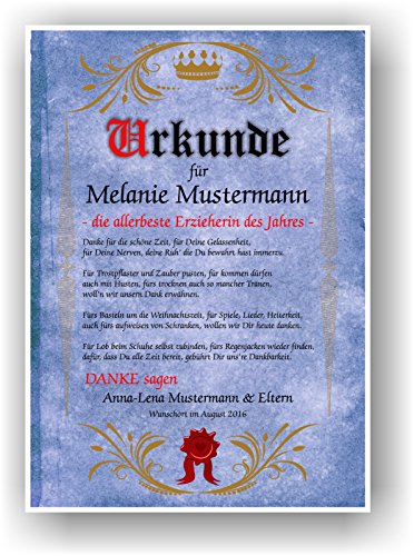Urkunde zum Abschied Kindergarten Kita persönliches Geschenk Urkunde für Erzieherin mit 8 Motiven zur Auswahl - 4