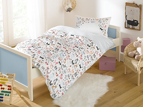 Lorenchen von Lorena Kinderbettwäsche Cats & Dogs weiß mit Katzen- und Hunde-Motiv (100x135 cm + 40x60 cm)