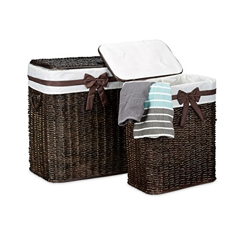 Relaxdays Wäschekorb 2er Set geflochten Buri eckig H x B x T: 56,5 x 46,5 x 33,5 cm stapelbare Wäschetruhe mit herausnehmbarem Wäschesack ca. 67 L Wäschesammler mit Schleife atmungsaktiv, schokobraun