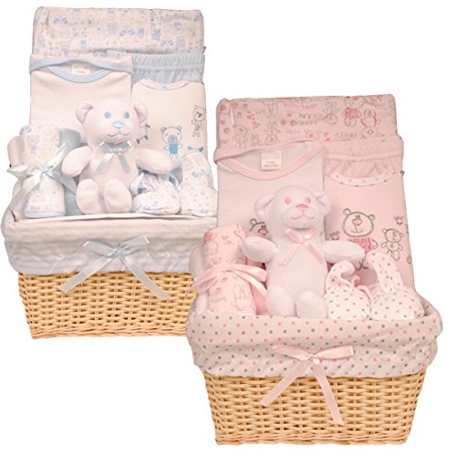 Bee Bo Baby Basket Gift Set 0 - 3 Months - Elephant/Puppy Dog Wrap, Bodysuit, Trousers, Bootees, Bib, Wash & Burp Cloths - Pink