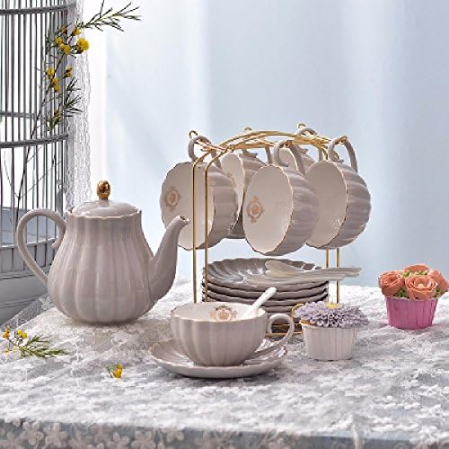 SSBY Ceramic coffee cups 6 Kit continental mark Cup afternoon tea set English pot a spoon stirring spoon,Khaki color 1