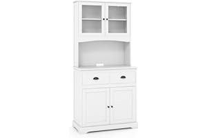 GiantexUK 170cm Tall Kitchen Cupboard, Wooden Pantry Storage Cabinet with Adjustable Shelves, 2 Drawers & Cable Hole, 4-Door Buffet Display Sideboard for Kitchen Dining Living Room (White)
