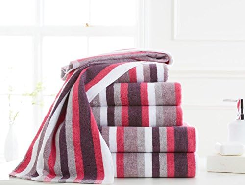 3 Pcs Victoria Stripes 100% Hydro-Cotton Multi Striped Hand Towel, Bath Towel &amp; Bath Sheet 600 GSM (Pink/Brown)