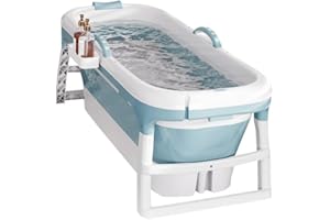 HUOLE Bañera plegable para adultos, baño polar al aire libre, 118 x 60 x 53 cm, portátil, plegable, con tapa y rodillos de masaje, cesta de jabón, para baño y ducha, color azul