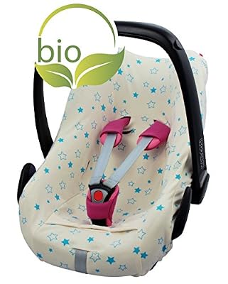 byboom – Housse d'été, déjà Housse pour Coque bébé en 100% coton bio avec motif, universelle pour par ex. Maxi-Cosi Cabriofix, Pebble, City SPS, Couleur : Naturel – étoiles aqua