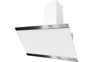 Respekta Cappa Isola senza Cappa / Cappa inclinata 90 cm / Paralume in vetro con cornice in acciaio inox bianco / Funzione di scarico e ricircolo d'aria / CH89090W / A++ / 39–59 dB
