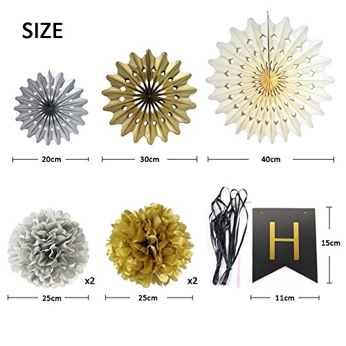 SUNBEAUTY 8er Geburtstag Dekoration Set Happy Birthday Girlande Seidenpapier Fans Paper Circle Dots Garland Pom Poms Flowers for 30th 50th Birthday Party Decoration,Gold Black White (8er Set) - 3