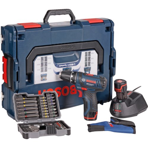 Bosch Akkubohrschrauber-Set GSR 10,8-2-LI Professional blau L-BOXX, 2x Akku (1,3 Ah), Bitset 43 tlg.