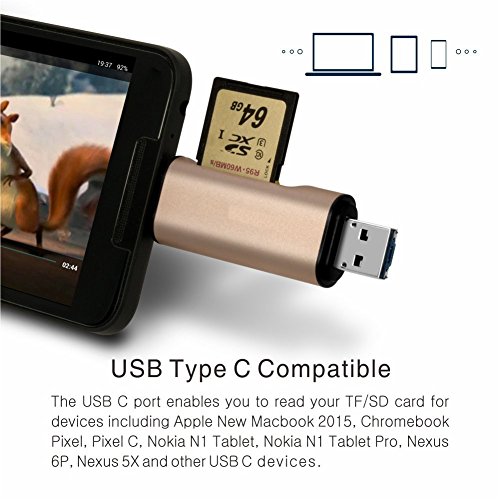 htreverse SD Karte zu USB, SD Card Reader mit 2 Slot Micro SD TF Kartenleser mit OTG unterstützt für Nexus 6P, Nexus 5 x, Lumia 950, Apple MacBook 2015, Chromebook, Windows und mehr, Gold - 6