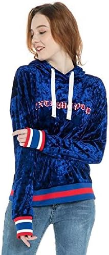 Extreme Pop Women's Blue &amp; Pink Velvet Hooded Sweatshirt Loose-Sleeve Velour Pullover Hoodie (UK Stock) (Navy, XL)