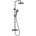FORIOUS Thermostatic Shower Mixer Set,Stainless Steel Shower Bar Set with Adjustable Height Shower Rod, 25cm Round Overhead Rainfall Shower,3 Jet Types Hand Shower,Thermostatic Shower System Black
