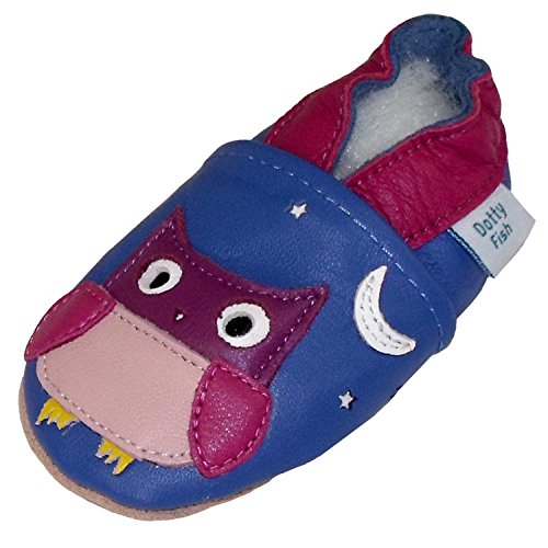 Soft Leather Baby girl Shoes with Suede Soles by Dotty Fish Cornflower Blue and Pink Owl design - 0-6 months