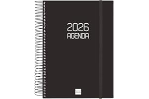 Finocam – Agenda Spirale 2026 1 Jour par page | Janvier – Décembre (12 mois) | Agenda annuel 2026 avec élastique | Couverture polypropylène Spirale Opaque – Noir – Français