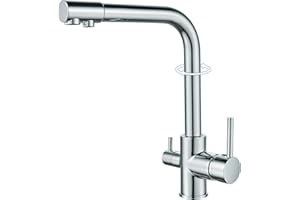 ROVOGO 3 Way Kitchen Mixer Tap with Drinking Filtered Water Outlet, Swivel Spout Monobloc Kitchen Sink Tap with Dual Lever and 3 Hoses, High Arc Kitchen Faucet Chrome
