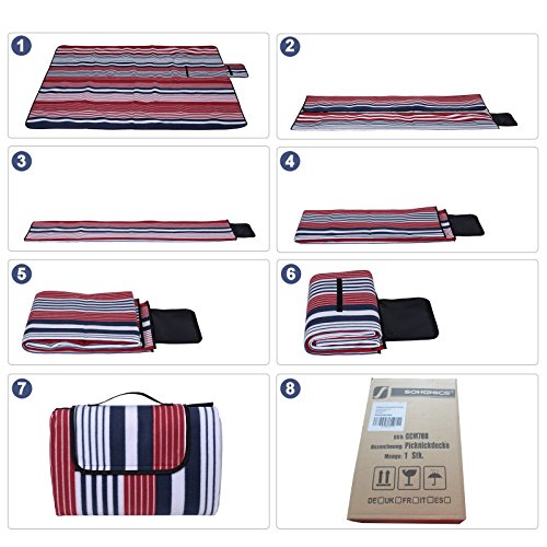 SONGMICS Picknickdecke, 200 x 200 cm, Stranddecke, Outdoor, Camping, Park, Garten, wasserfeste Unterseite, faltbar, leicht, blau-rote Streifen GCM70R – Bild 6