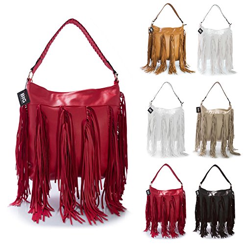 Big Handbag Shop Womens Designer Boutique Tassel Fringe Shoulder Bag (Beige)